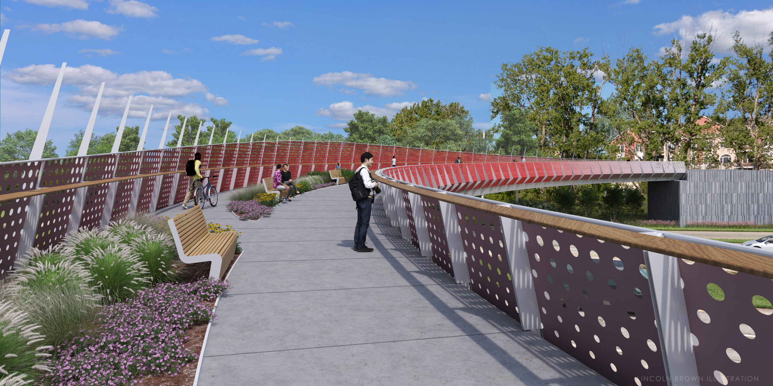 a rendering of a park with benches and a walkway